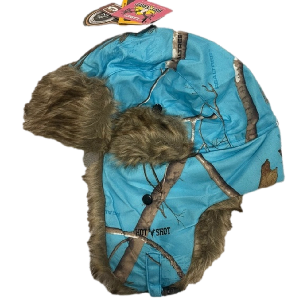 Hot Shot REALTREE trapper ear flap faux fur chin strap turquoise blue hat